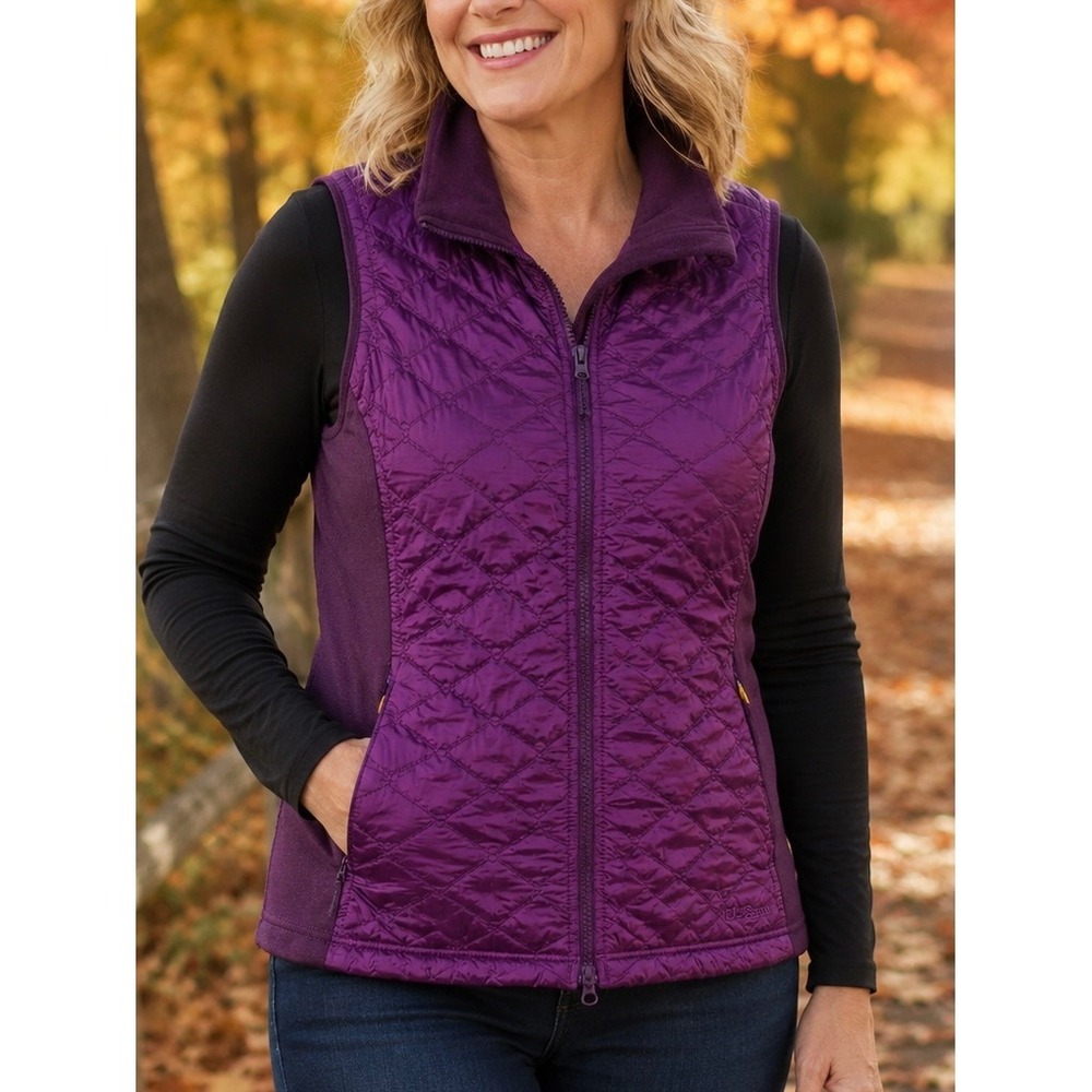 L.L.Bean Purple Quilted Puffer Vest Size L Full Zip Fleece Collar Gorpcore